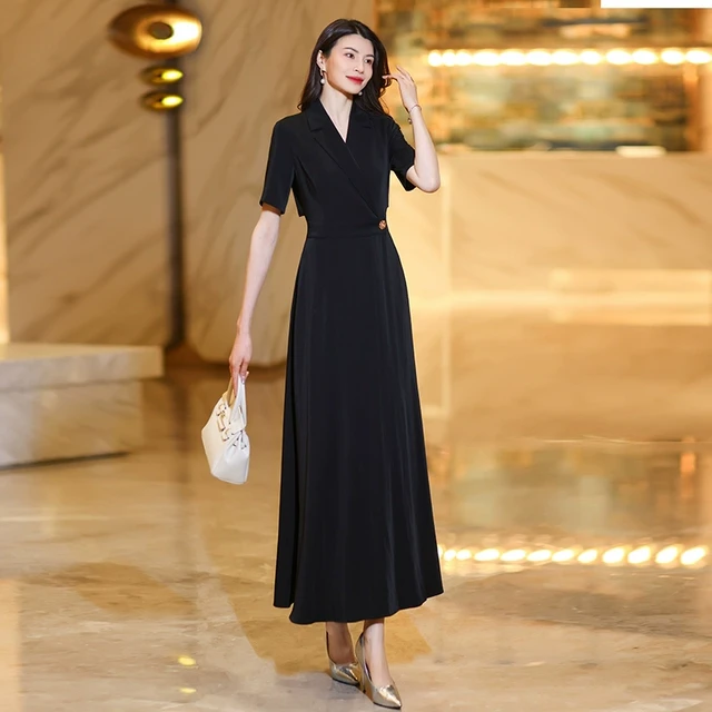 黑色长款连衣裙女夏季新款轻奢高级感气质显瘦女装穿搭超长裙049