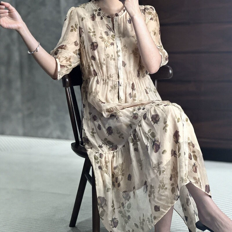 2025夏季新款法式超好看杭州真丝连衣裙女桑蚕丝系带薄纱裙子爆款