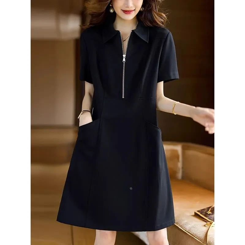 清仓捡漏~专柜撤回休闲翻领黑色连衣裙拉链时尚气质显瘦大码a字裙