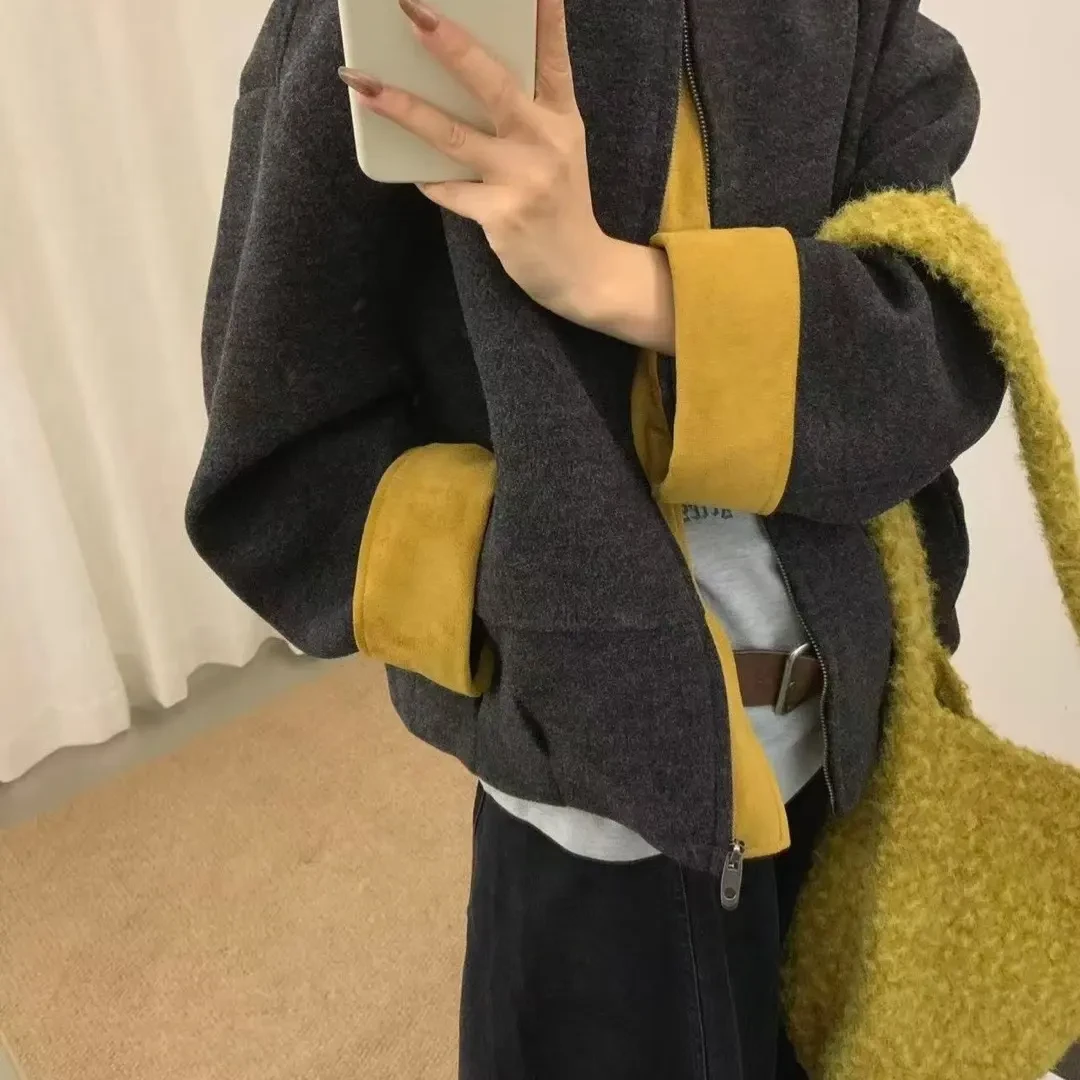 圆领常规款短款撞色毛呢短外套秋冬双面女装加厚百搭