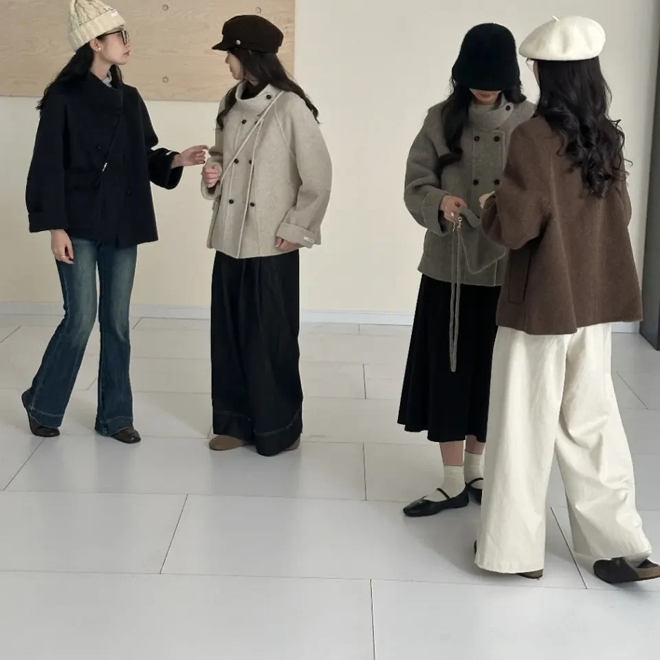 秋冬短款立领双排扣设计感毛呢外套小个子适用