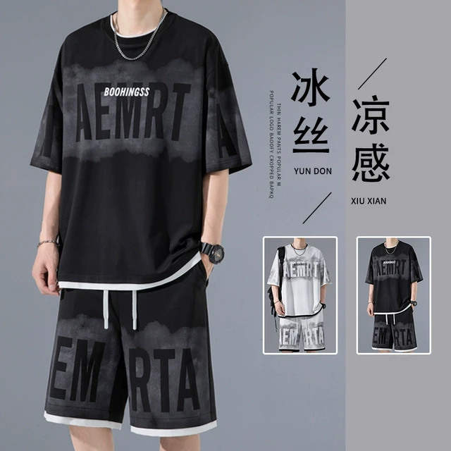 高端扎染冰丝短袖T恤男短裤夏季套装潮牌男装运动穿搭一整套衣服