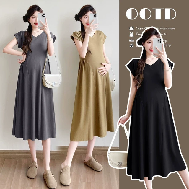 2025夏季新款孕妇裙韩版时尚宽松显瘦中长款潮妈外出V领连衣裙夏