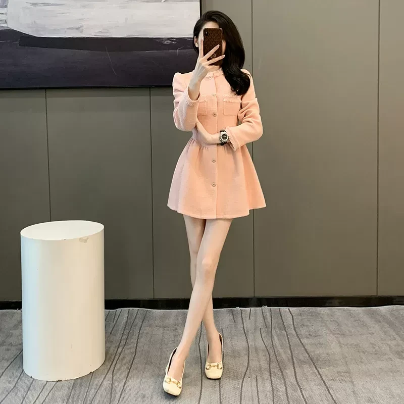 粉色小香风连衣裙女秋冬2025新款气质甜美小个子收腰显高a字裙子