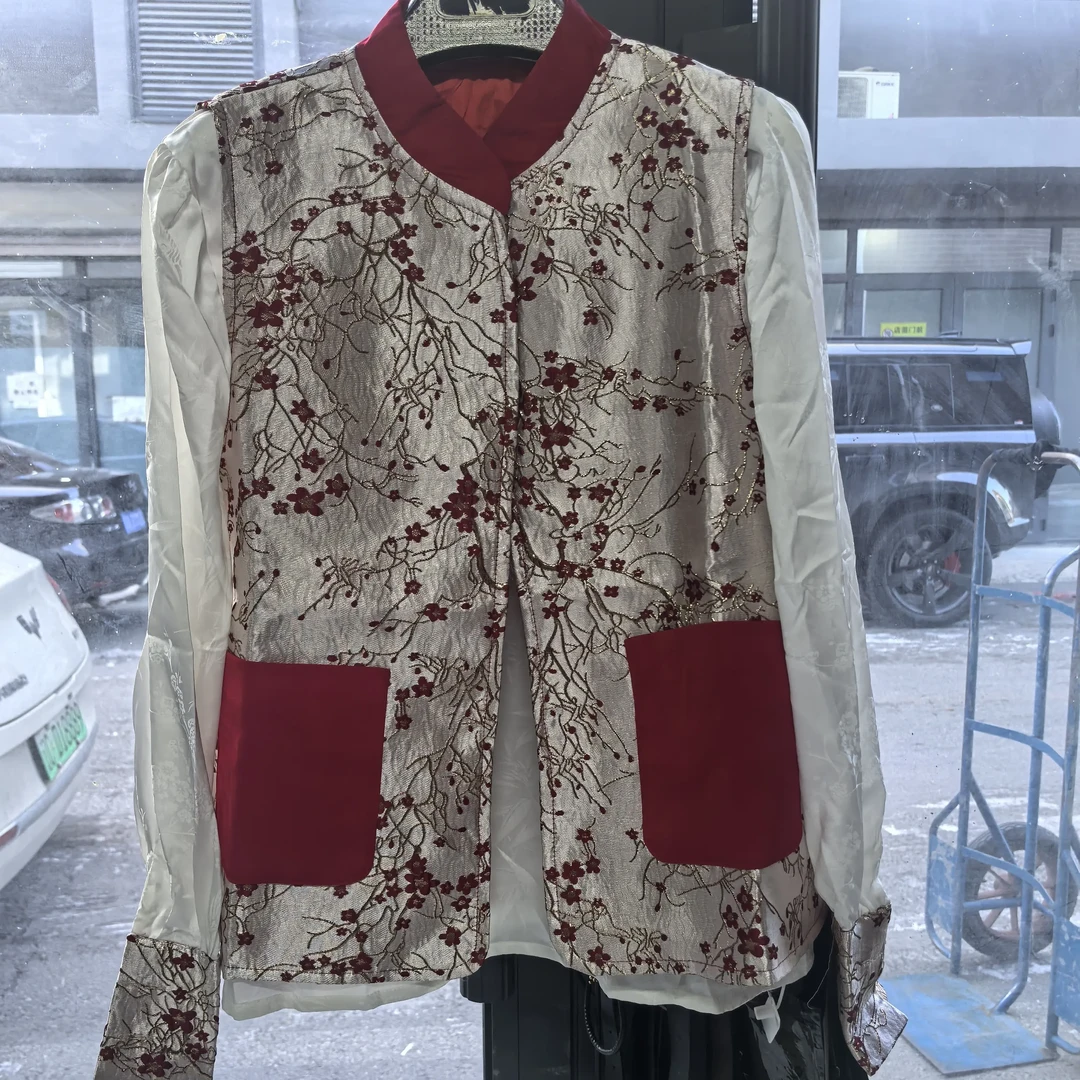 新中式复古风格重工刺绣圆领无袖女士马甲