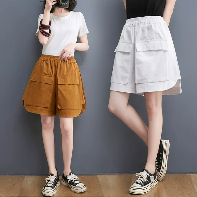棉麻短裤大码女夏2024新款胖mm宽松大口袋休闲工装裤松紧腰阔腿裤