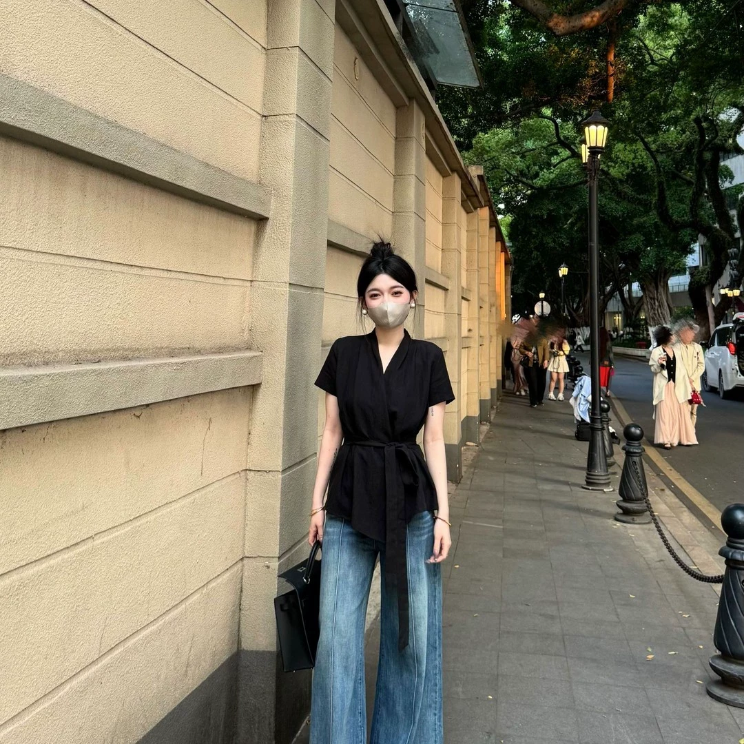 【8698】大码女装胖mm绑带收腰显瘦V领短袖衬衫不规则洋气衬衣