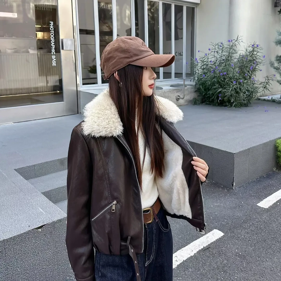 伊伊.高货翻领加绒加厚保暖皮衣外套女冬季百搭显瘦夹克上