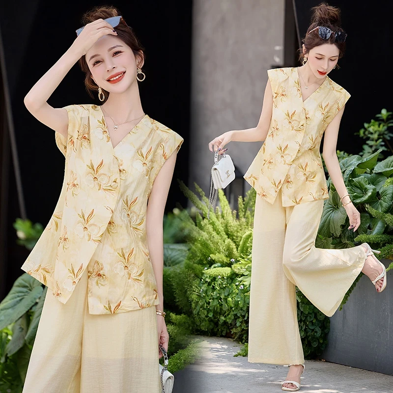 新中式蕾丝刺绣套装女2025夏季新款盘扣名媛气质修身阔腿裤两件套