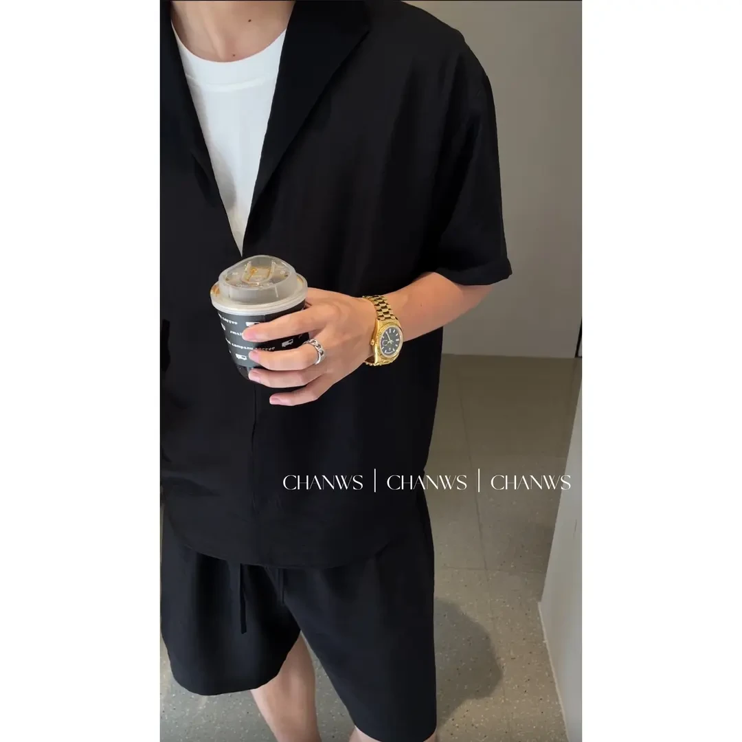 2025夏季假两件老钱风亚麻套装男高级感衬衫短裤夏装套装宽松