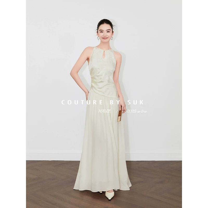 SUK【风姿绰约】桑蚕丝中式高级感侧捏褶盘扣无袖连衣裙女SK5233