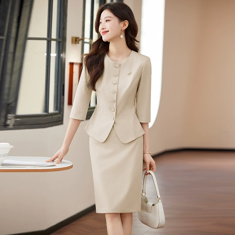 早秋职业装七分袖圆领西装套裙气质商务正装播音主持人教师工作服