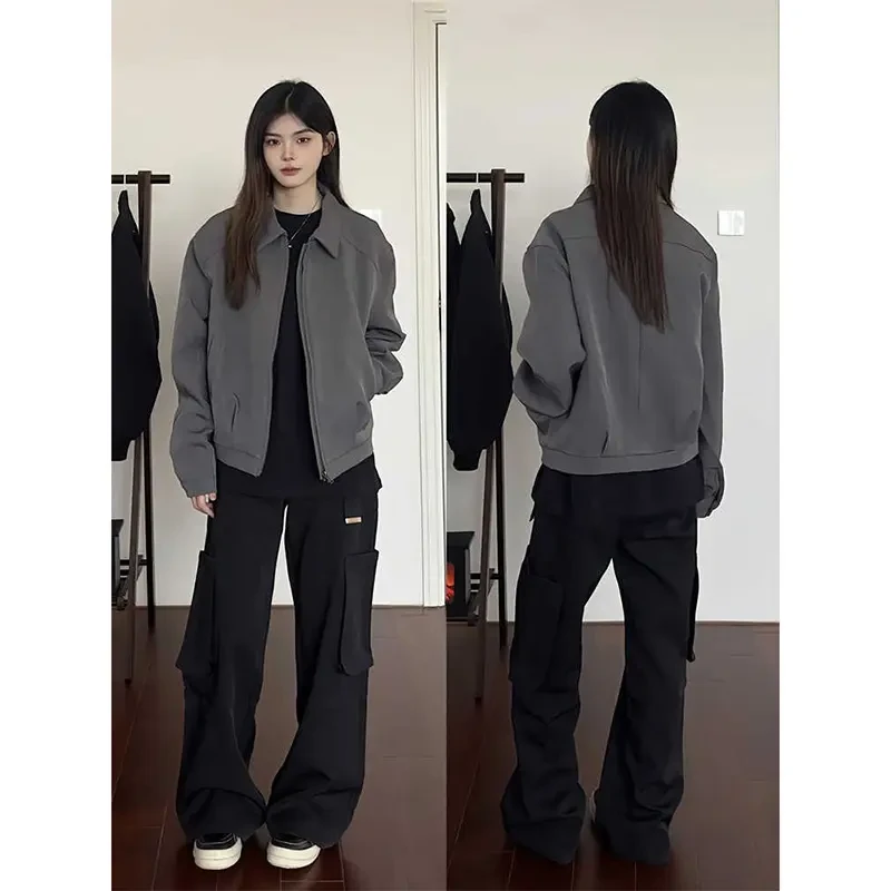 潮牌灰色正肩翻领行政夹克男款春秋季美式cleanfit短款外套高级感