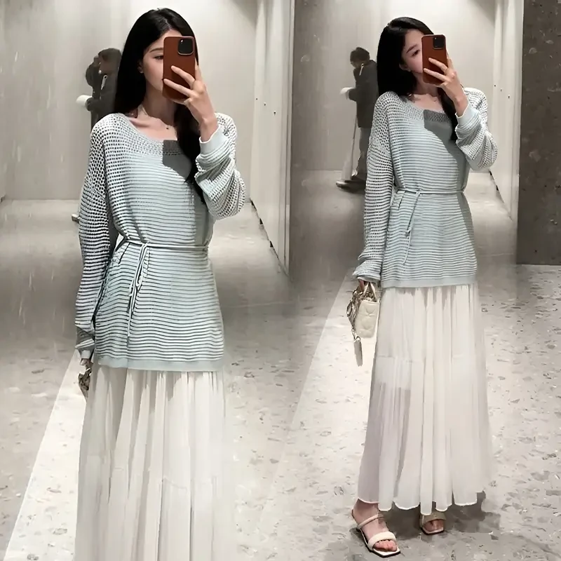 气质高级感韩风套装春秋新款时尚宽松镂空毛衣罩吊带半裙三件套女