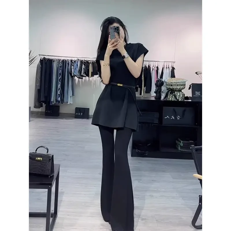 套装女装洋气休闲装中长款短袖T恤上衣高腰黑色显瘦百搭微喇裤