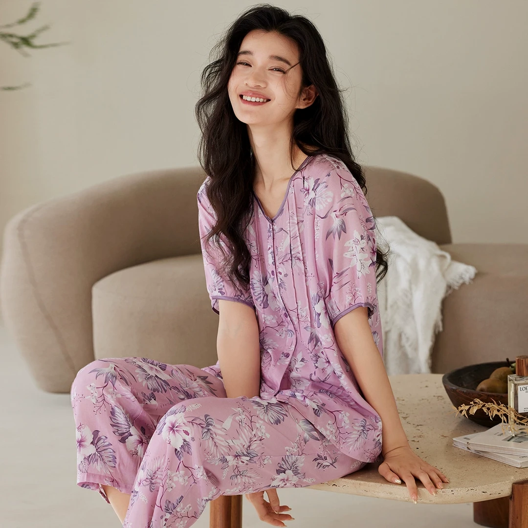 秋鹿【超柔软】薄款睡衣女2025春夏新款印花短袖家居服套装可外穿
