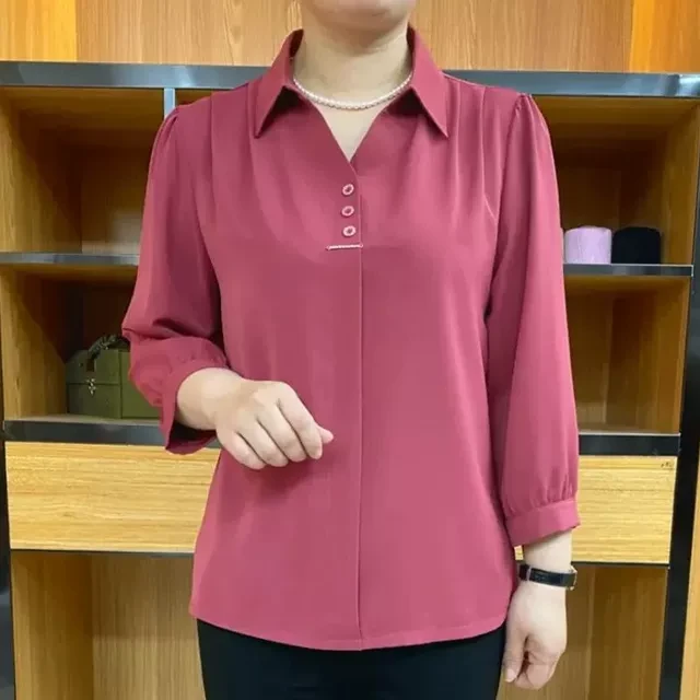 妈妈装纯色衬衫2025新款春夏装大码中老年女洋气T恤七分袖上衣服