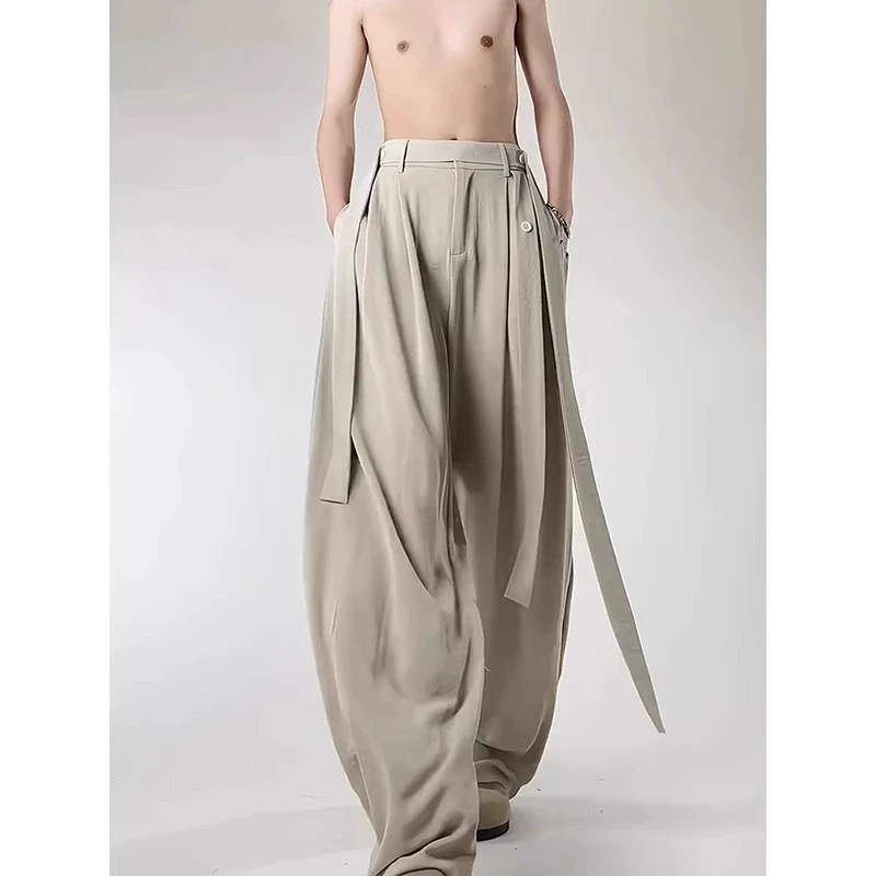 高腰冰丝速干休闲裤男女夏季设计感飘带垂感阔腿裤直筒宽松休闲裤