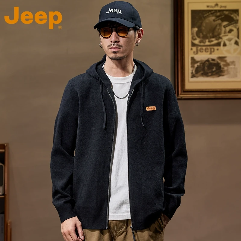 JEEP吉普男士毛衣连帽针织衫外套春季宽松休闲百搭开衫上衣