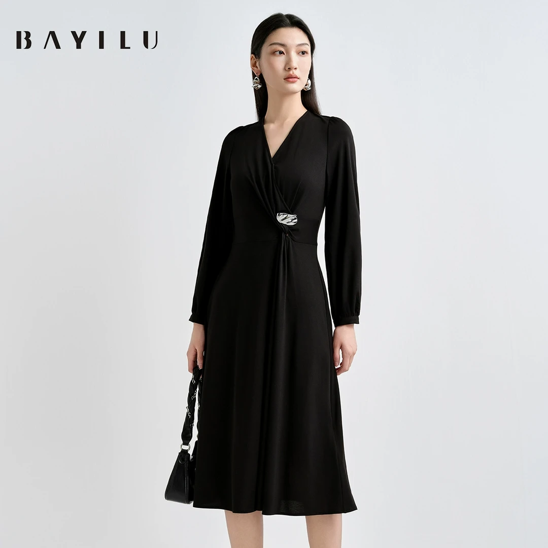 【丽姐】芭依璐2025春季连衣裙女v领显瘦通勤中长裙91L7951