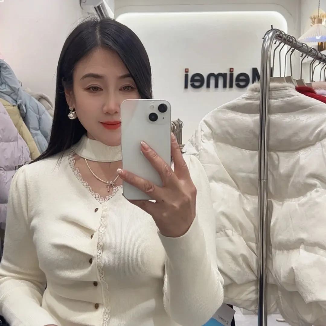 半高领蕾丝挂脖针织衫女秋冬宽松显瘦打底上衣