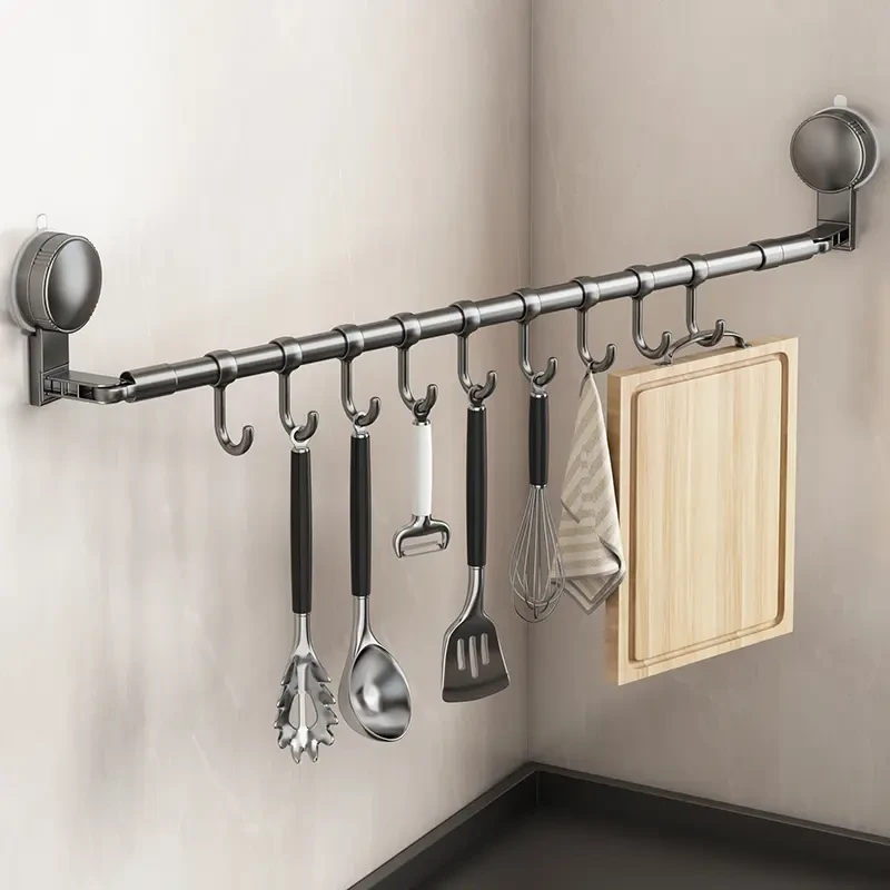 吸盘厨房挂钩免打孔置物架挂杆锅铲勺子刀具一体挂架壁挂式收纳架