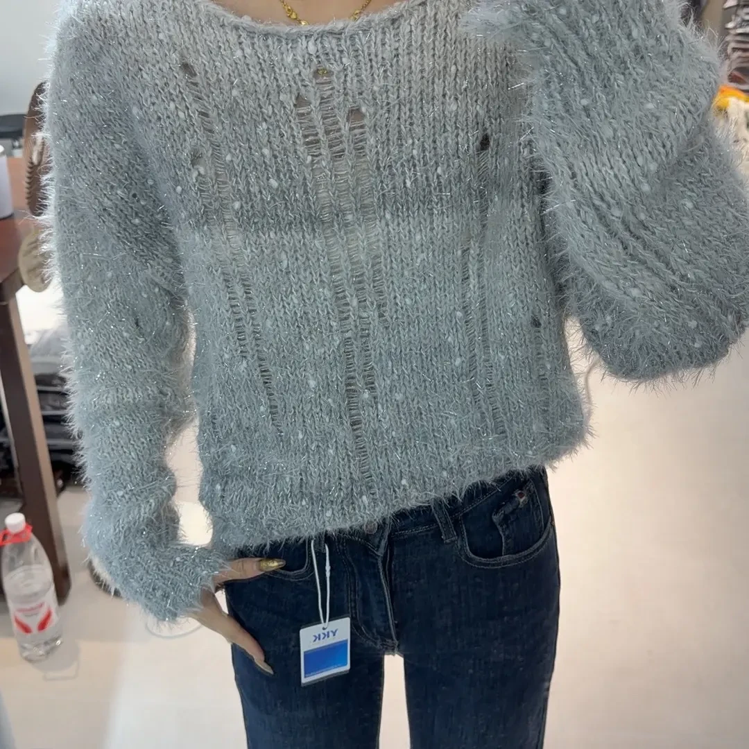 圆领韩版长袖拼接女时尚拼色宽松条纹秋冬毛针织衫
