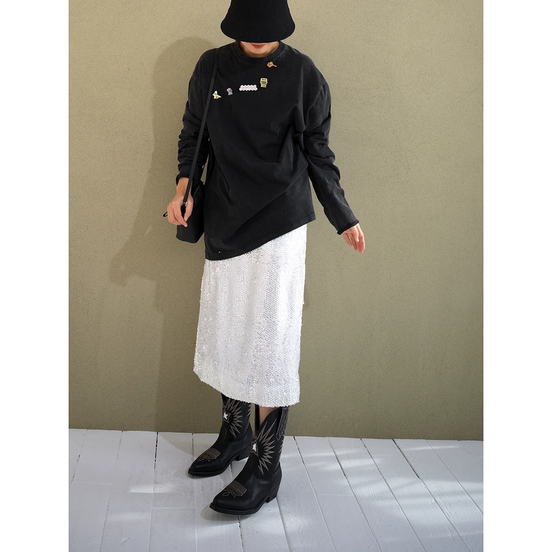 人鱼尾亮片 闪闪吸睛氛围 高腰后拉链开叉H型中长银色半身裙CE502