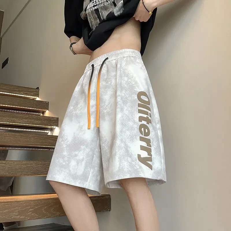 五分脏脏裤美式扎染短裤男夏季宽松直筒运动休闲中裤男青少年潮牌