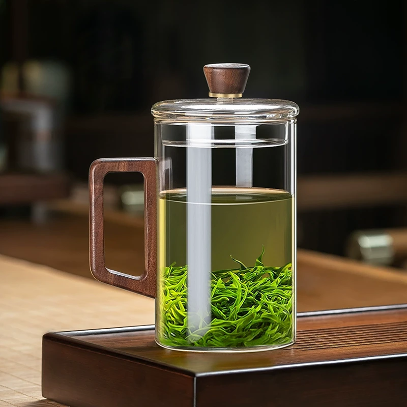 大容量绿茶杯男士喝茶专用泡茶杯玻璃杯带把手办公室杯子耐热带盖