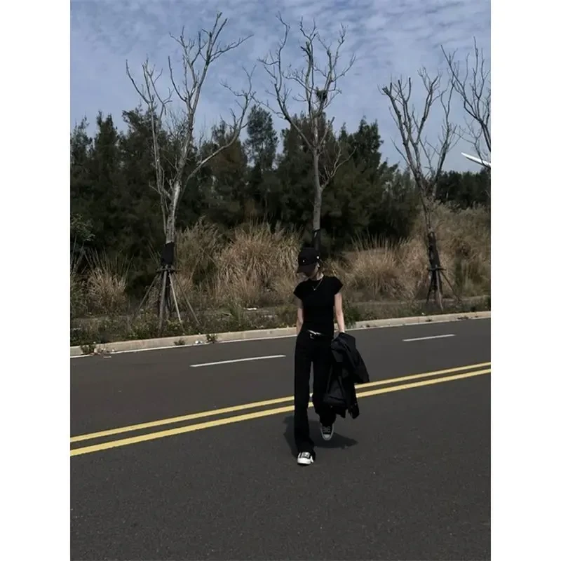 拉夏贝尔美式辣妹黑色正肩短袖T恤夏季修身显瘦齐腰身短款上衣潮