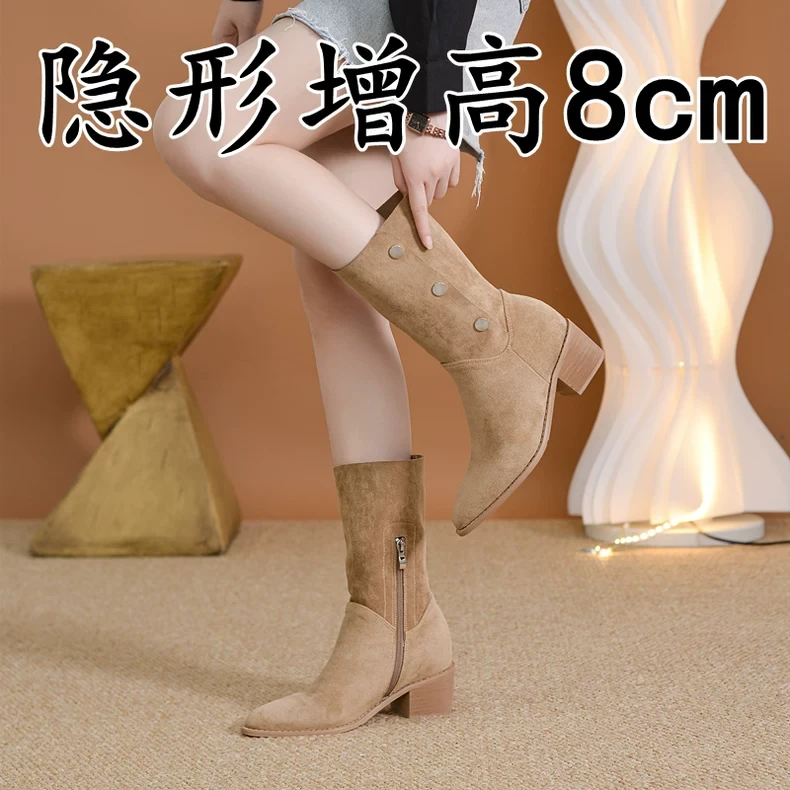 小个子内增高8cm西部牛仔靴女复古尖头粗跟马丁靴两穿翻领中筒靴