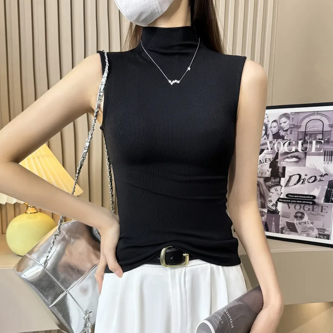 螺纹黑色半高领无袖吊带背心女夏季外穿西装内搭中领修身打底上衣