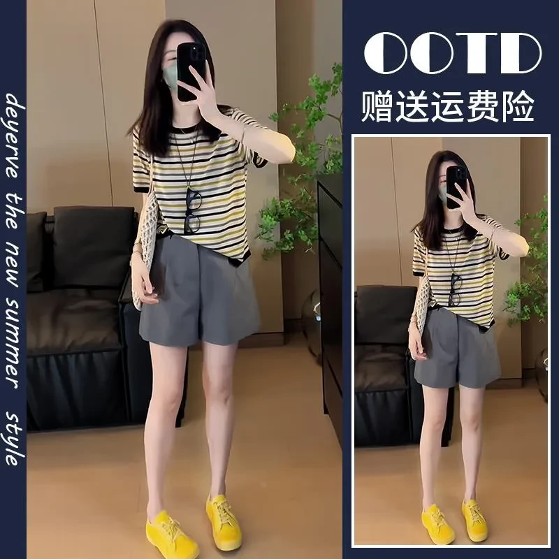 夏装搭配一整套韩系百搭条纹短袖T恤休闲短裤女装时髦洋气套装潮