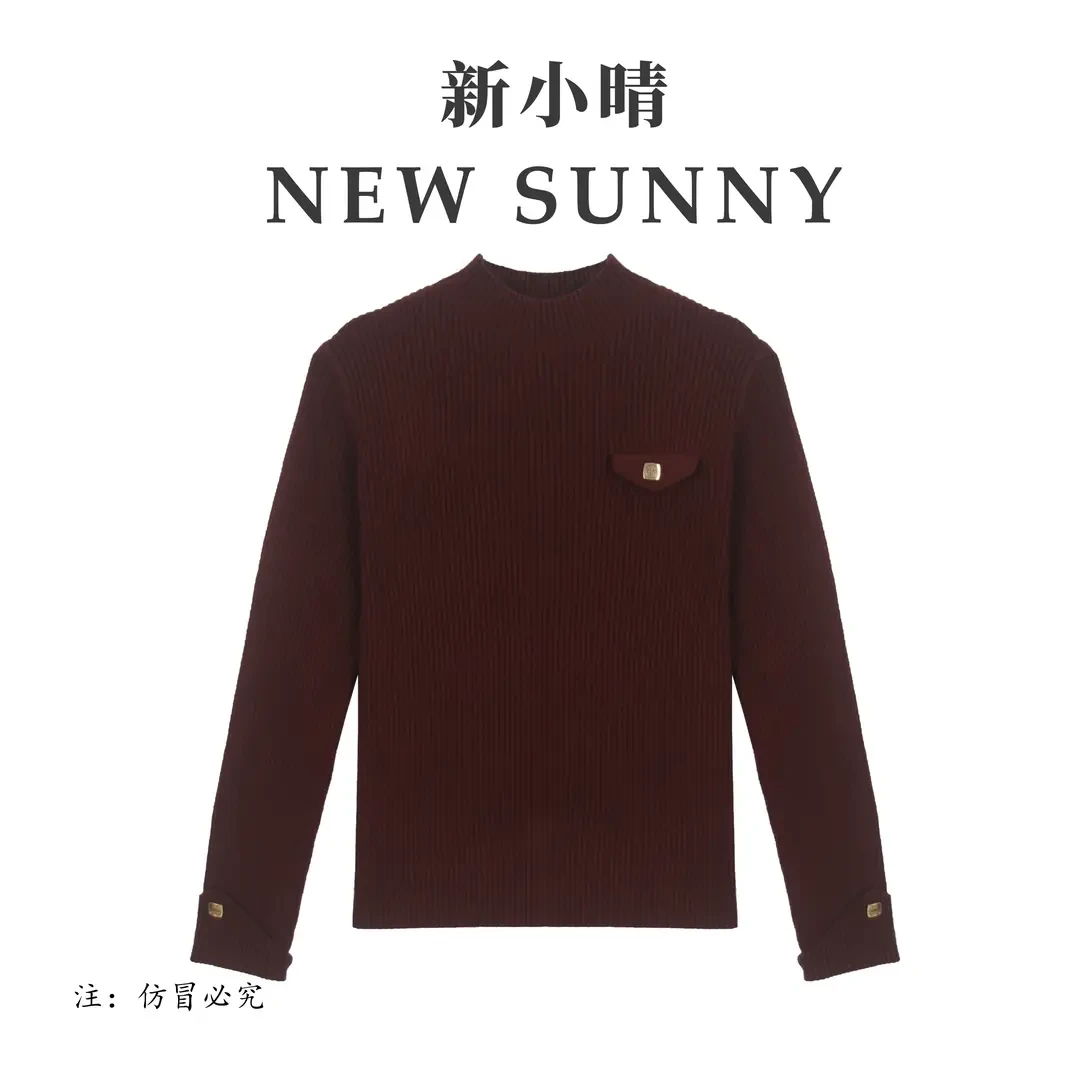 【妞妞】复古修身显瘦上衣半高领针织打底衫108727-红色