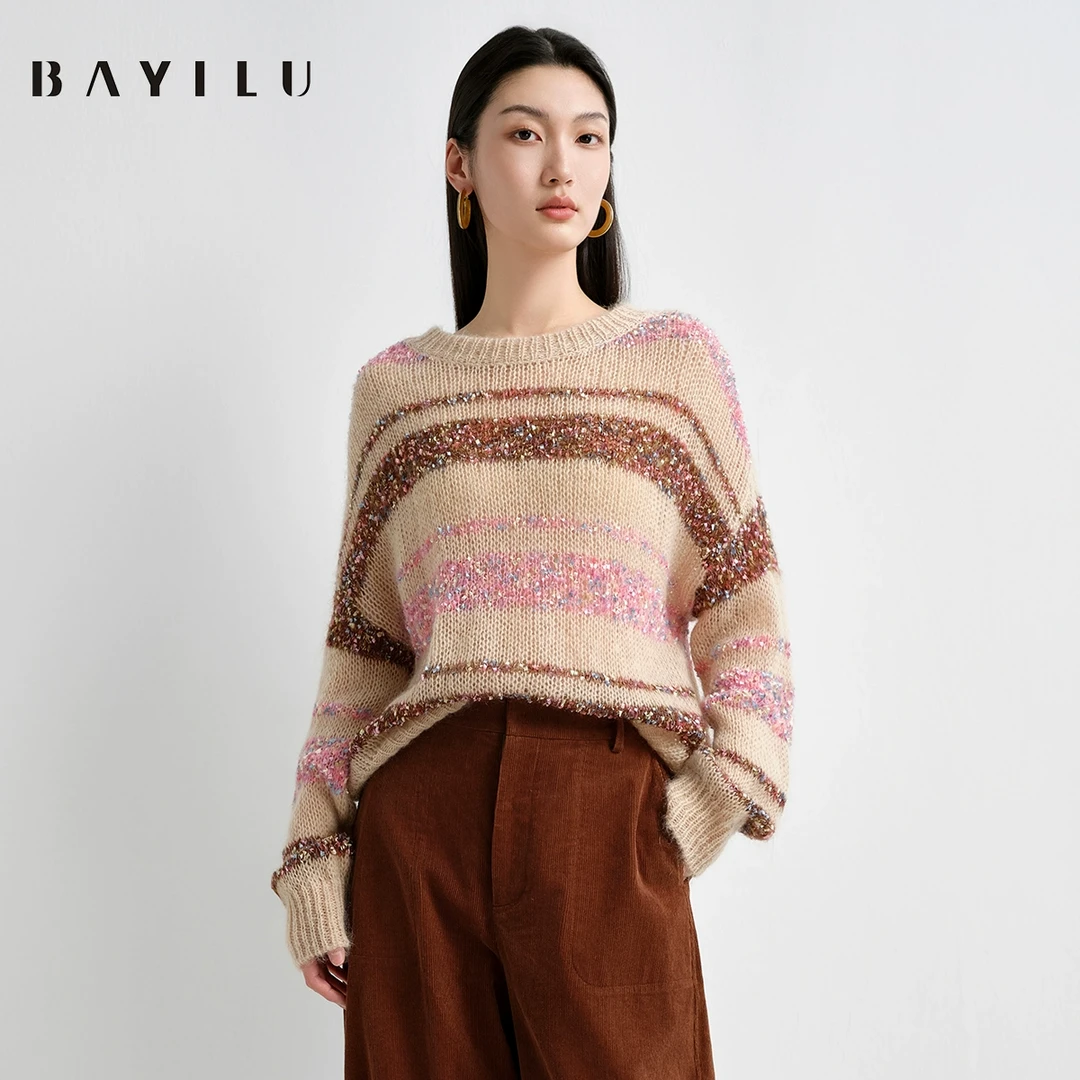【丽姐】芭依璐2025春季新款条纹毛衣女亮片针织毛衫91S0003