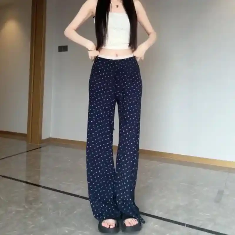 蕾丝拼接碎花裤女夏季薄款高腰辣妹拖地裤垂感休闲阔腿裤加长裤子