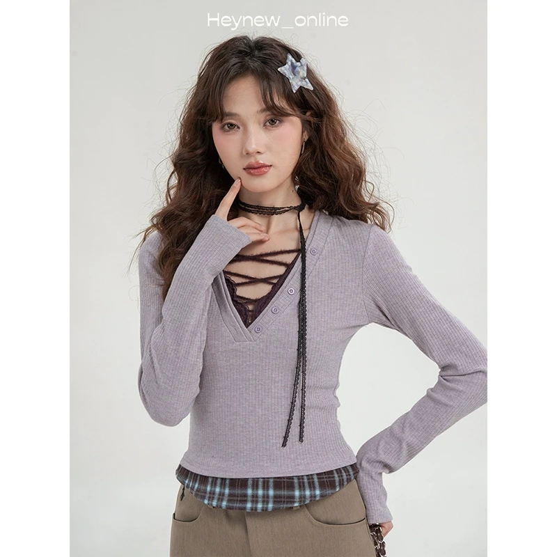 【春季新品大上新】假两件紫色针织百搭修身日常长袖-5C059