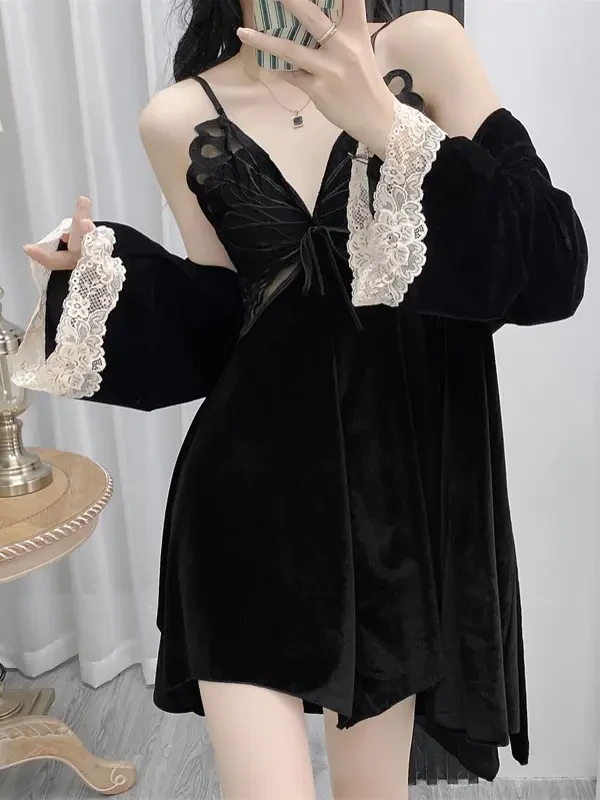 蜜语蝴蝶 睡衣性感蝴蝶吊带睡裙睡袍两件套家居服带胸垫