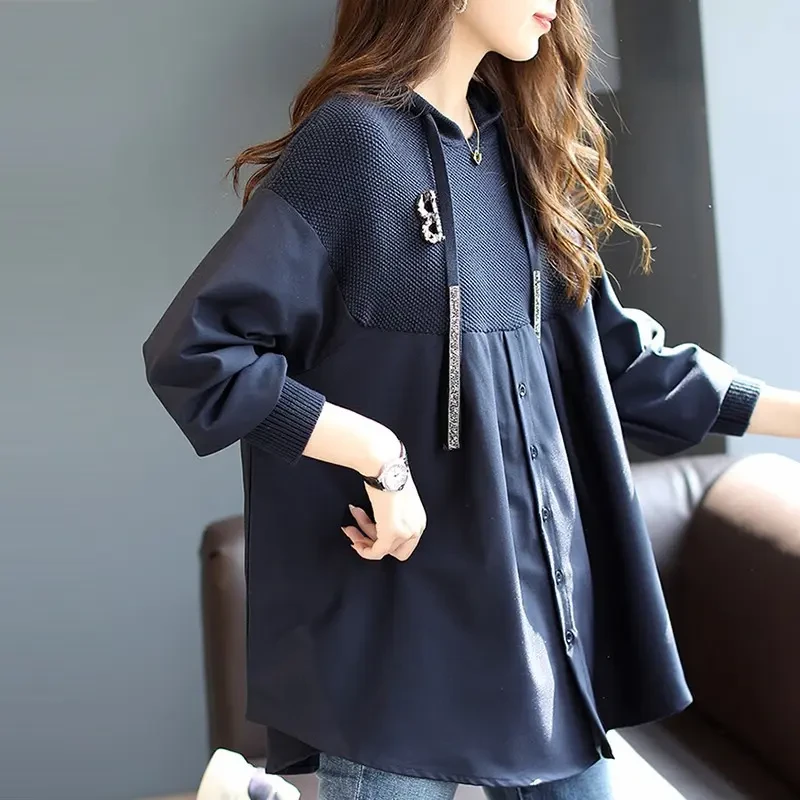 A010秋冬针织拼接通勤百搭长袖连帽女士卫衣