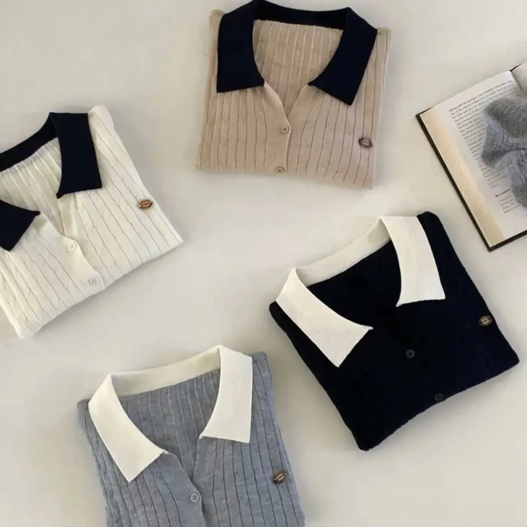 薄款毛针织衫针织百搭短款长袖翻领POLO领秋季韩版