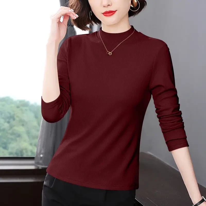 小立领打底衫长袖T恤安可拉红螺纹德绒弹力半高修身妈妈内搭上衣