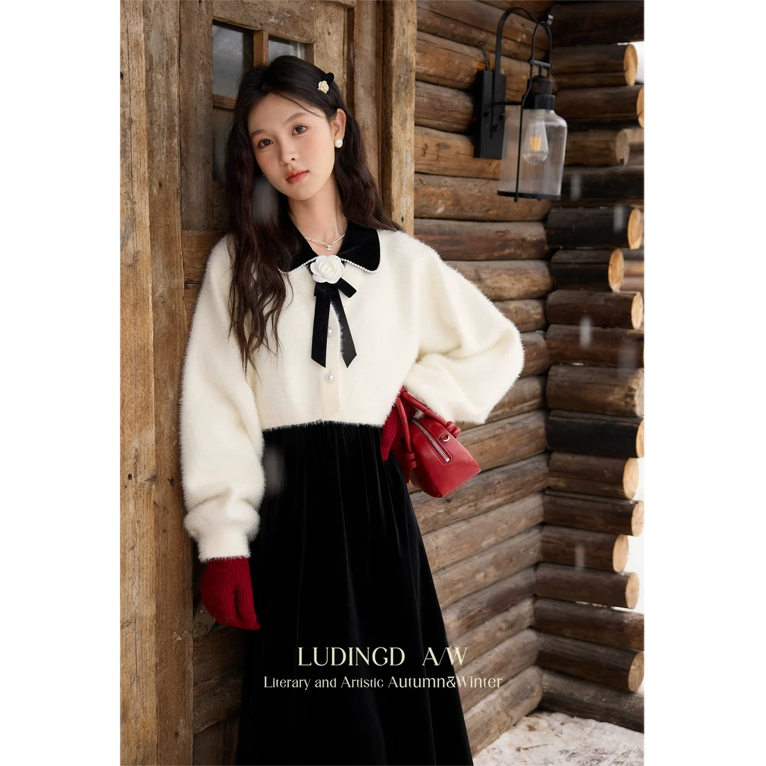 【鹿盯盯】微胖大码女装法式冬季氛围感套装裙子D08855