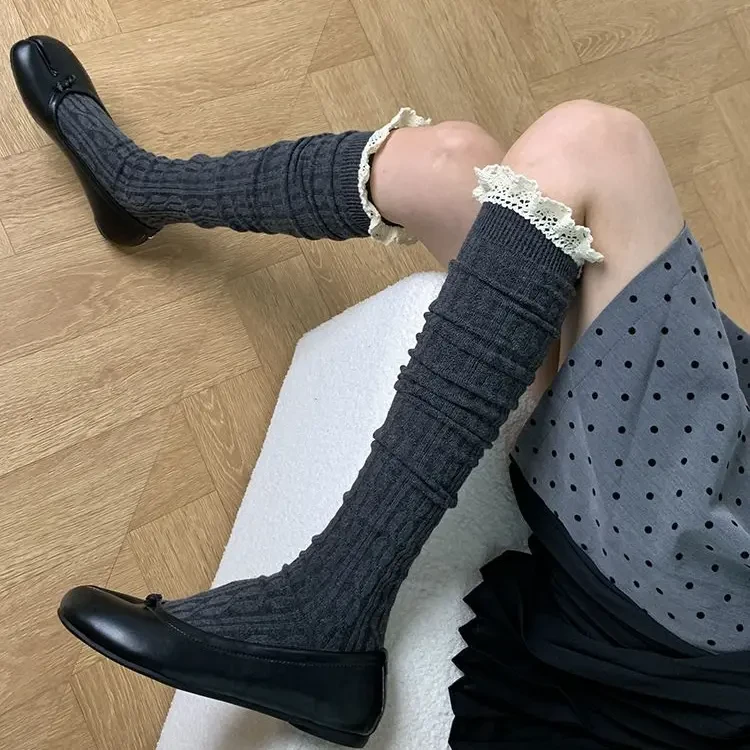 春秋麻花竖条纹堆堆袜子棉蕾丝花边小腿袜显瘦灰色过膝YYK