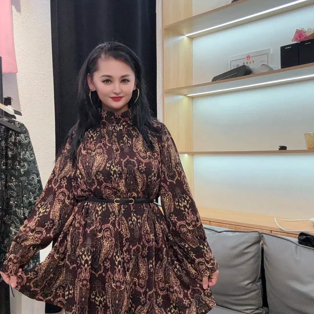 复古木耳领印花长袖气质显瘦连衣裙秋季女