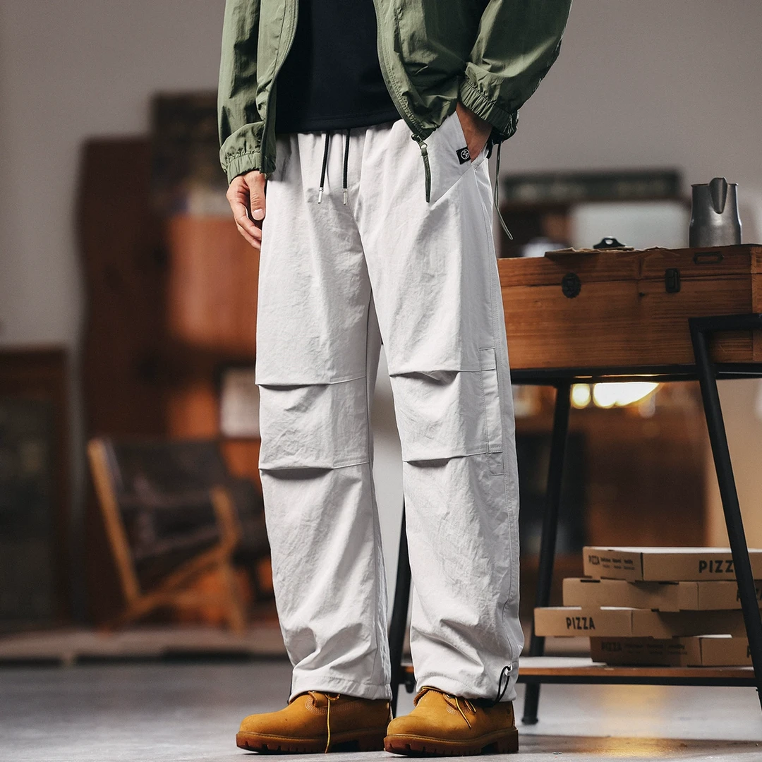 格蓝鹿美式高街复古褶皱工装裤男夏季新款垂感阔腿宽松直筒休闲裤