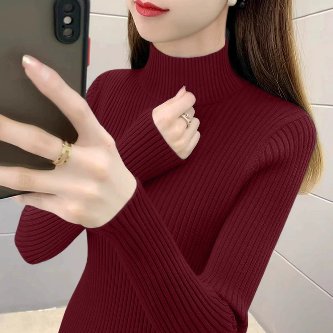 冬季新款加厚款长袖针织衫女气质百搭半高领毛衣修身内搭打底上衣