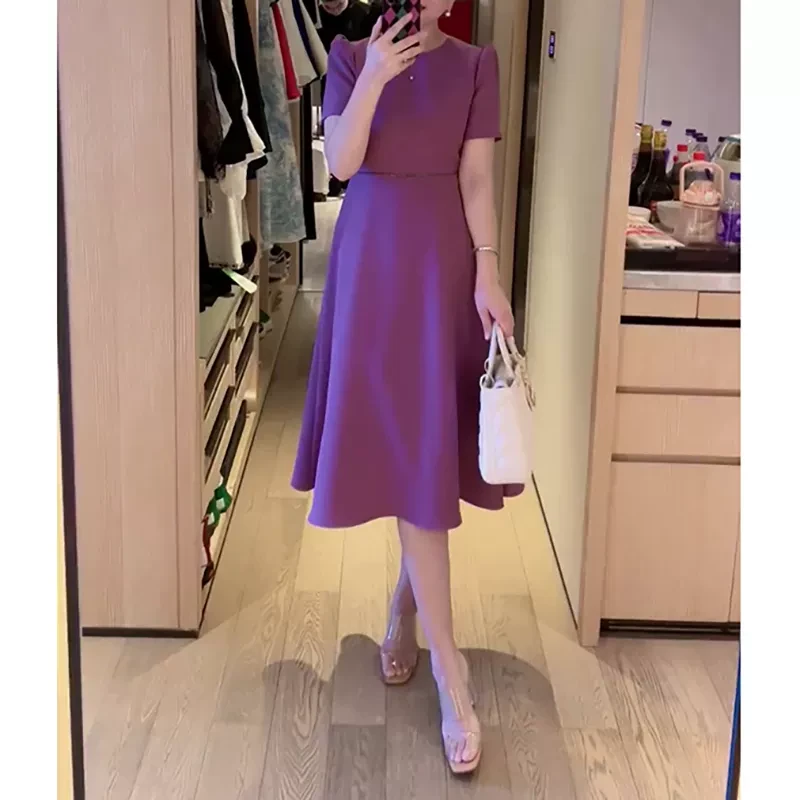 紫色短袖连衣裙2025女新款法式气质正式场合女装收腰a字裙夏季女