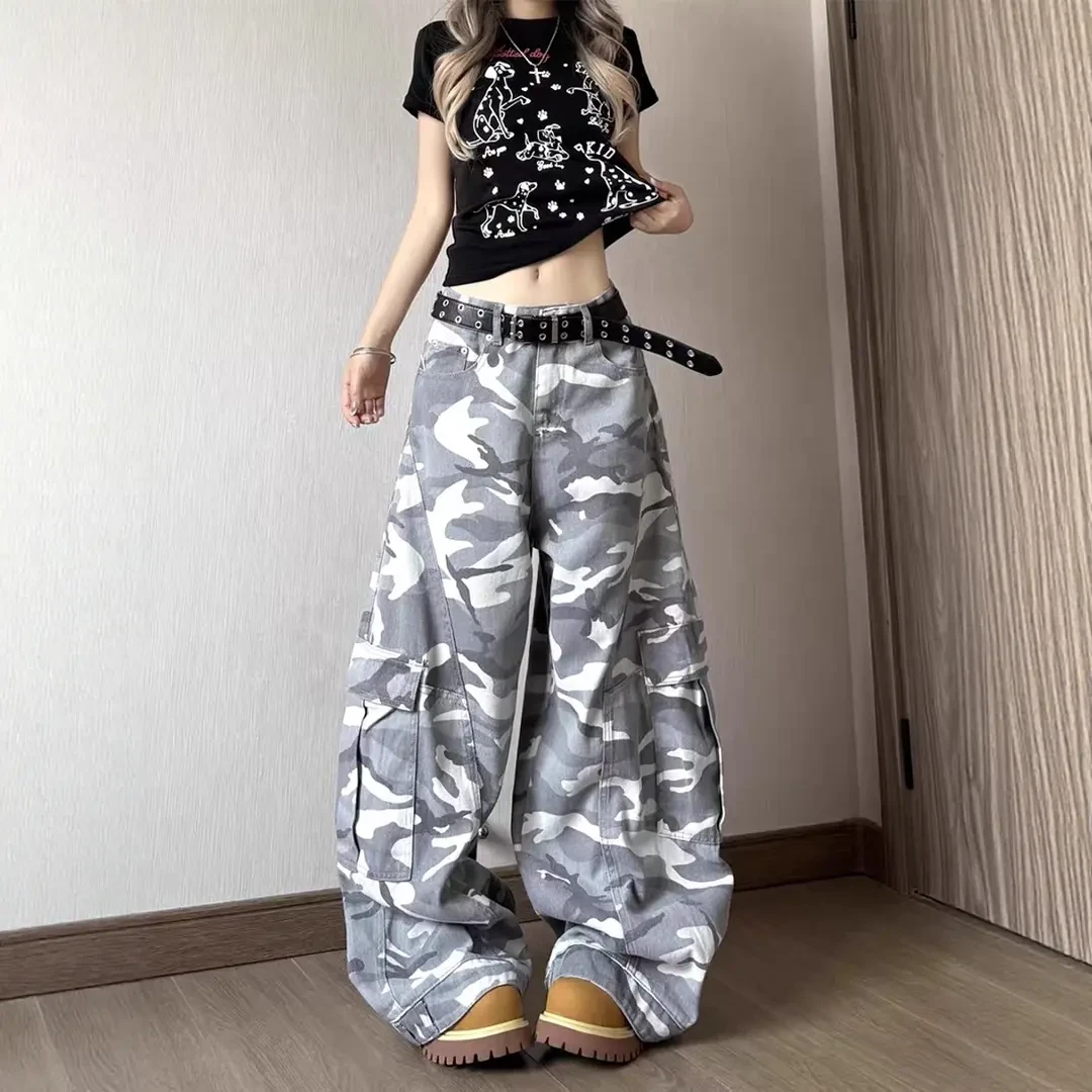 美式复古硬挺迷彩工装牛仔裤男女宽松显瘦水洗做旧街头潮牌阔腿裤