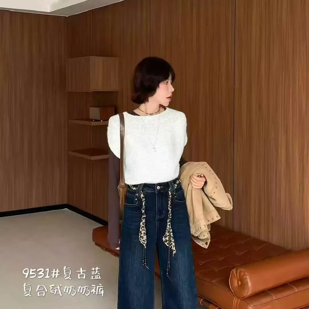 9531+9516高腰加厚加绒休闲风显瘦阔腿牛仔裤女秋冬季百搭长裤